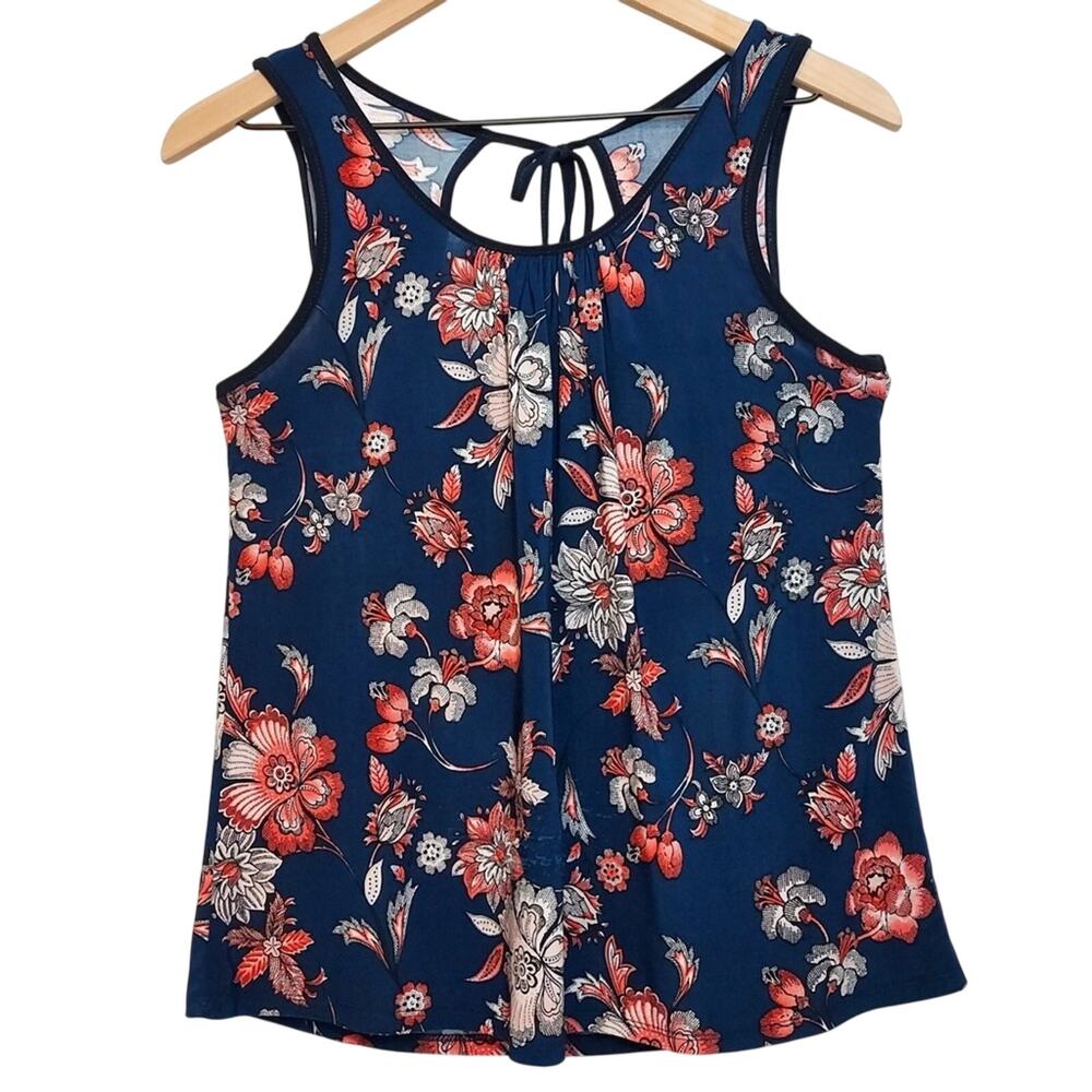 Lavish Blue Multicolor Floral Key Hole Tie Lightweight Summer Tank Top Small